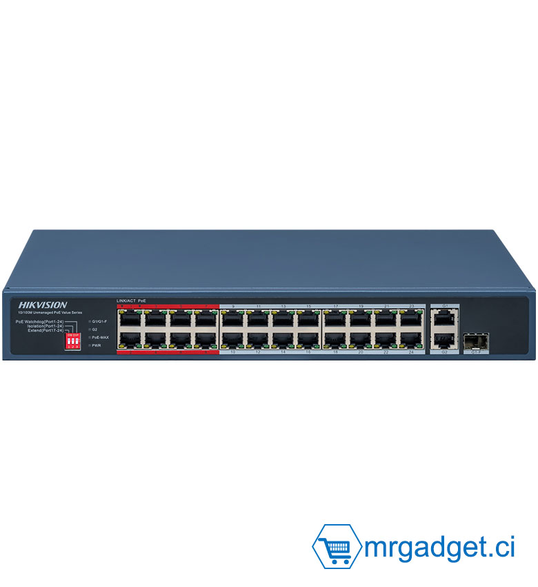Hikvision DS-3E0326P-E/M(C) - Switch PoE 26 Ports (24x PoE 100M 230W + 2x Uplink Gigabit Combo) - Mode Extend 300m - Isolation VLAN - Priorité Ports 1-8 - Protection Surtension 6kV - Idéal Vidéosurveillance Caméra IP Pro