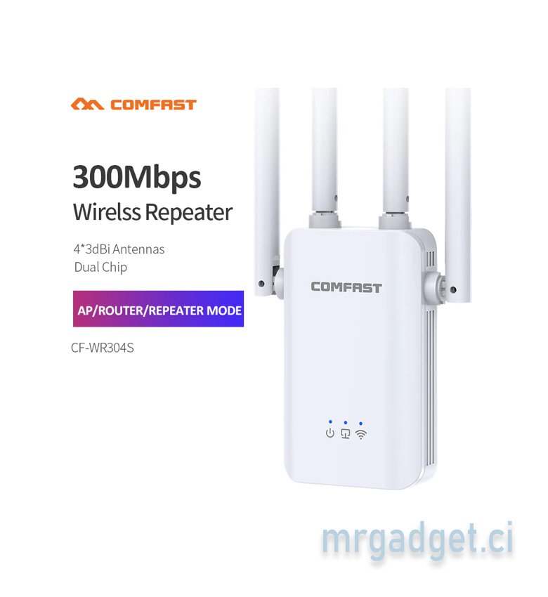 Comfast Amplificateur Wifi Sans Fil - Répéteur Wifi domestique 300-2100Mbps, 4 antennes, 2.4/5 Ghz, avec Port LAN/WAN, routeur sans fil, Booster