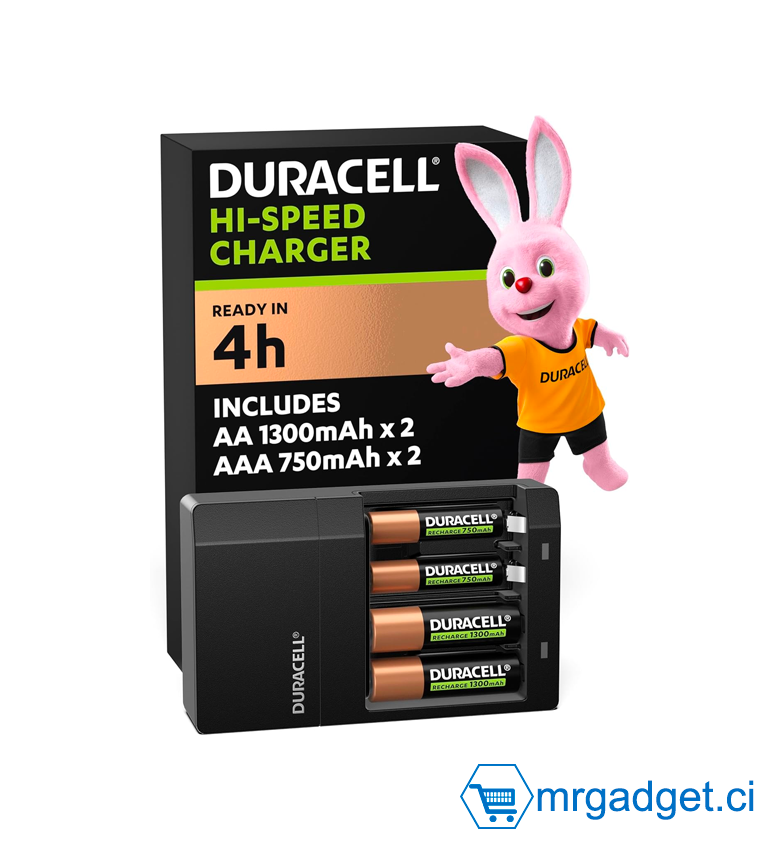 Lot de 4 Piles DURACELL (2 piles AA 1300 mAh & 2 piles AAA 750mAh ) Rechargeables avec chargeur rapide AA/AAA  4heure - CEF14UK4