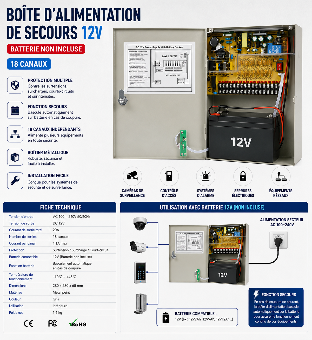 Boîtier d'Alimentation de Secours 12V  18 Canaux – Batterie Non Incluse - Pour camera de surveillance, contrôle d'accès...