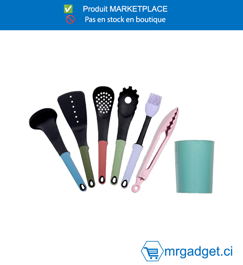 DECAKILA LOT DE 7 D’USTENSILES DE CUISINE - KMTT046B - Matériau : nylon Taille : solide Cuillère : 32 x 9 cm Louche : 30 x 9,5 cm Cuillère à pâtes : 30 x 7 cm Cuillère à fente : 31,5 x 7 cm Brosse à huile : 30 x 3,5 cm Pince de verrouillage de 9 pouce