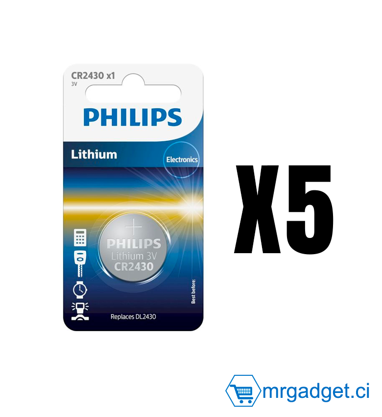 Lot de 5 Piles  PHILIPS LITHIUM CR2450 (DL2450) 3V -  CR2450P5B/97 - Pile Bouton