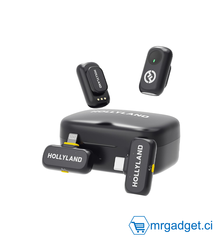 Hollyland Lark A1 Combo micro-cravate sans fil pour iPhone et Android, 48 kHz/24 bits, réduction intelligente du bruit 3 niveaux, micro pour YouTube, podcast et vidéo (Noir, 2TX+2RX+étui de recharge)