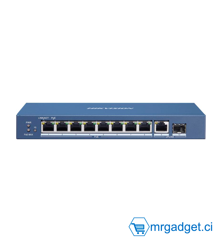 Hikvision DS-3E0510P-E/M(O-STD), commutateur Switch POE non géré Gigabit à  8 × ports PoE Gigabit, 1 × port Gigabit RJ45, 1 × port fibre optique Gigabit SFP