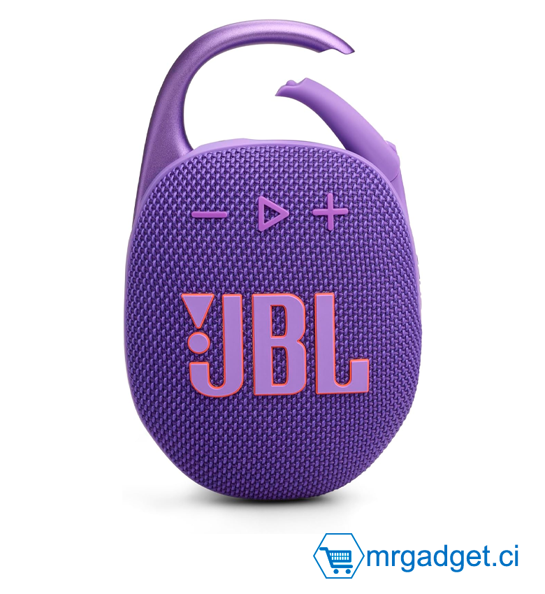 JBL Clip 5, Enceinte Bluetooth ultra-portable, mousqueton intégré, son JBL Pro, basses percutantes, 12 heures d'autonomie, fonction Playtime Boost, résistante à l'eau et à la poussière IP67, en violet