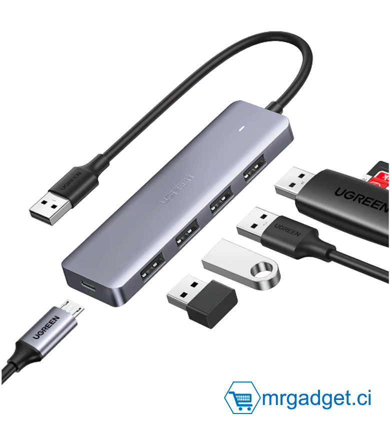 UGREEN CM219 15920 UGREEN Hub USB 3.0, Hub USB 3 ultra fin à 4 ports avec transfert de données de 5 Gbit/s #10105