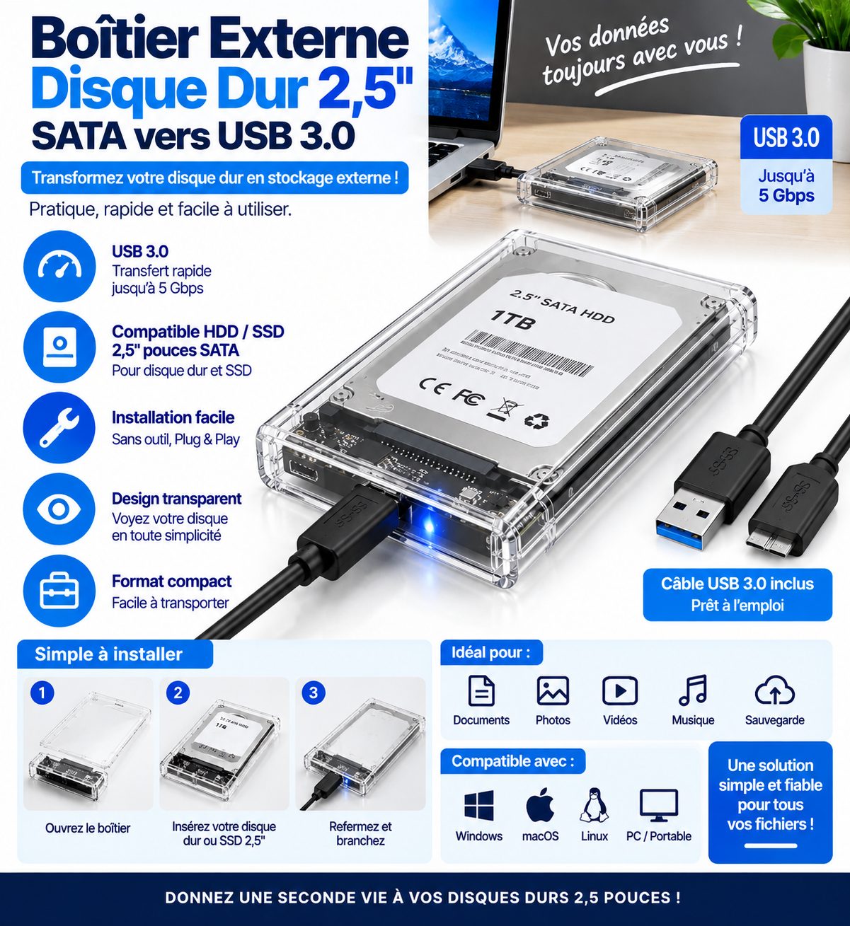 Boîtier Externe Disque Dur 2,5 Pouces SATA vers USB 3.0 Transparent – Adaptateur HDD SSD pour PC Portable