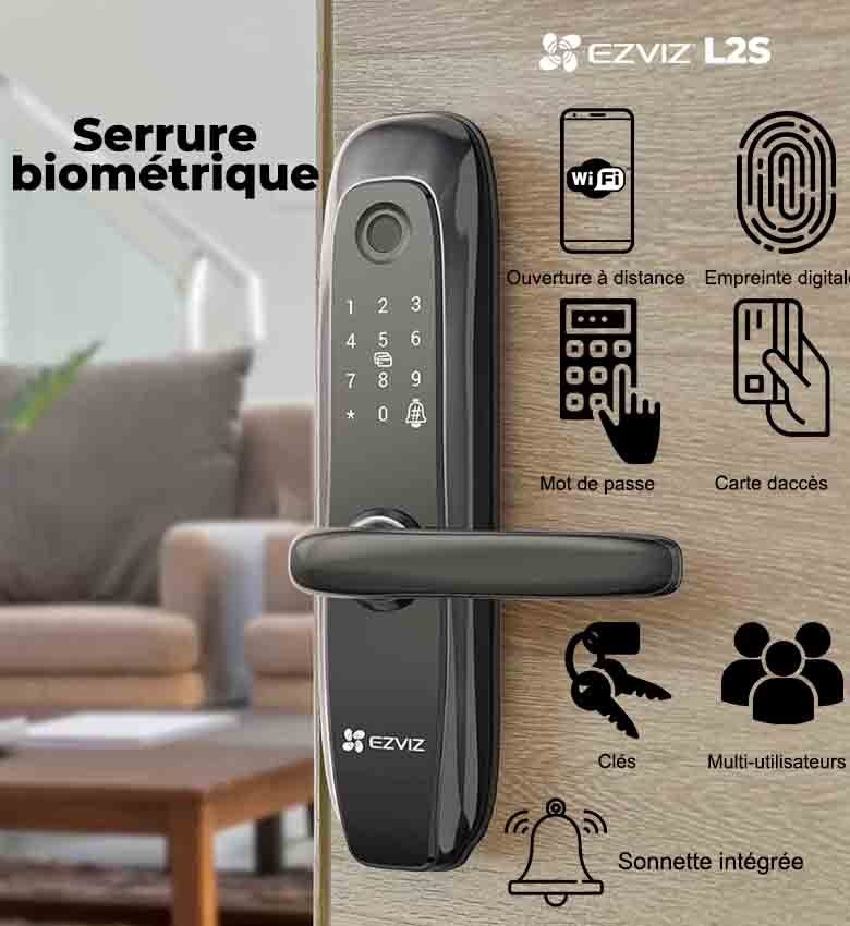 EZVIZ L2S - Serrure biométrique  -Serrure porte Avec Empreinte Digitale, Mot de Passe, Clé Mécanique - Wi-Fi - Livré avec module de sonnette